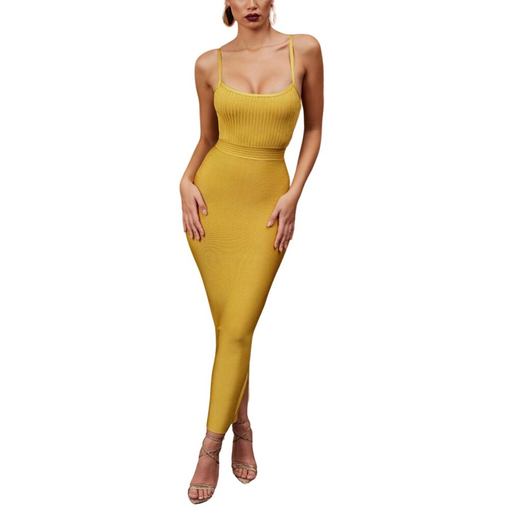 Golden Tone Maxi Bandage Dress – Ribbed Bodice  Spaghetti Straps  Sculpted Fit - Picture 6 of 9